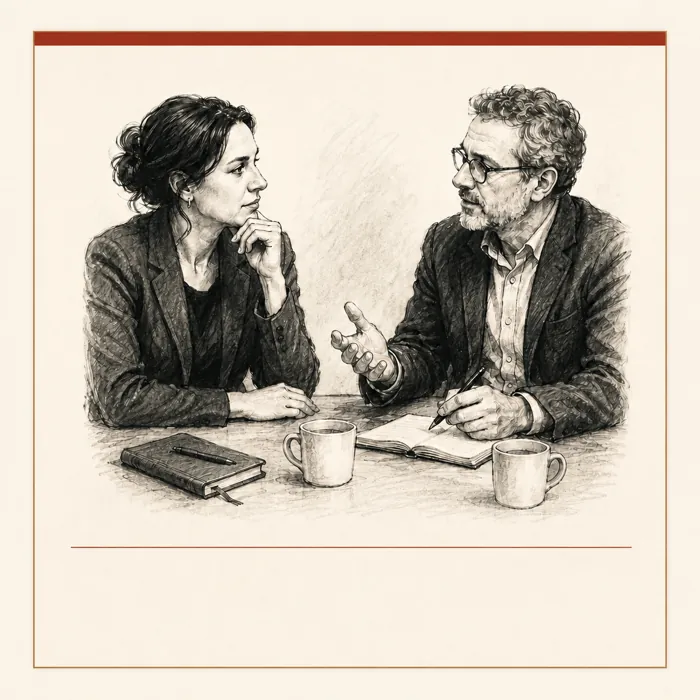Ink illustration of two unnamed voices seated at a table in conversation.